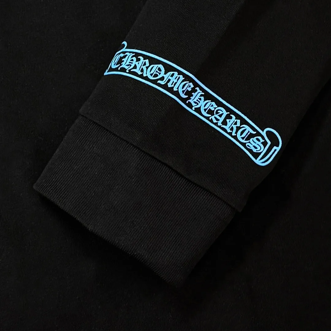 P190 Chrome Hearts 25 high-version long-sleeved fabrics made of 300 grams of high-density cotton, non-deformable, non-shrinking, complete with three labels, same style for men and women, process: digital printing, color: white, black SIZE: S-XL